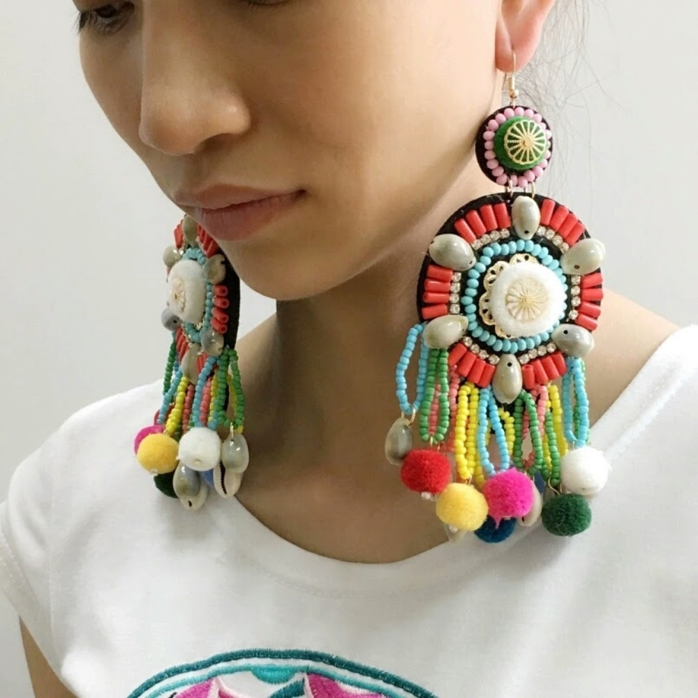 Colorful Beaded Pom Pom Chic Boho Style Earrings
